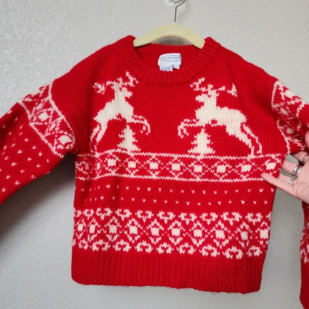ONE OF A KIND x VINTAGE wool christmas holiday reindeer sweater red white 6-7 - Picture 4 of 5